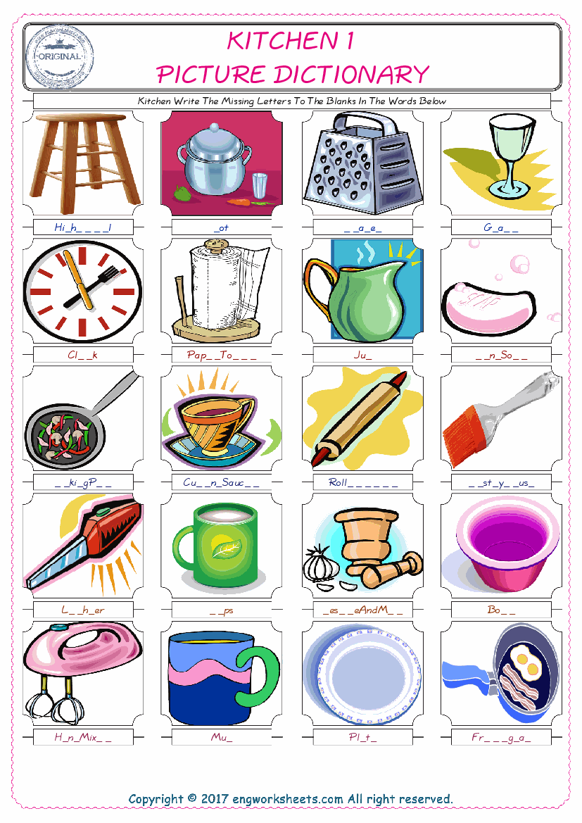  Kitchen Words English worksheets For kids, the ESL Worksheet for finding and typing the missing letters of Kitchen Words 